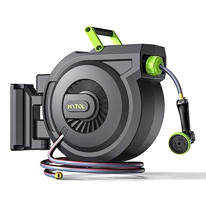 MYTOL Retractable Garden Hose Reel, 5/8 Inch x 82 ft + 6 ft Wall Mounted Water Hose Reel with Auto Slow Rewind System, 10-Pattern Nozzle, Any Length Lock, 180? Swivel Bracket, Ideal for Easy Watering