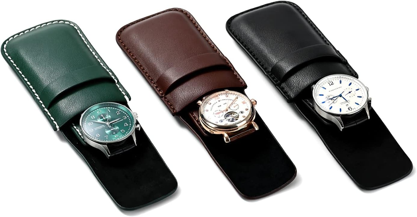 Luxury PU Leather Watch Pouches Portable Single Watch Travel Case Travel Bag For Travelling Business Trip (Green)