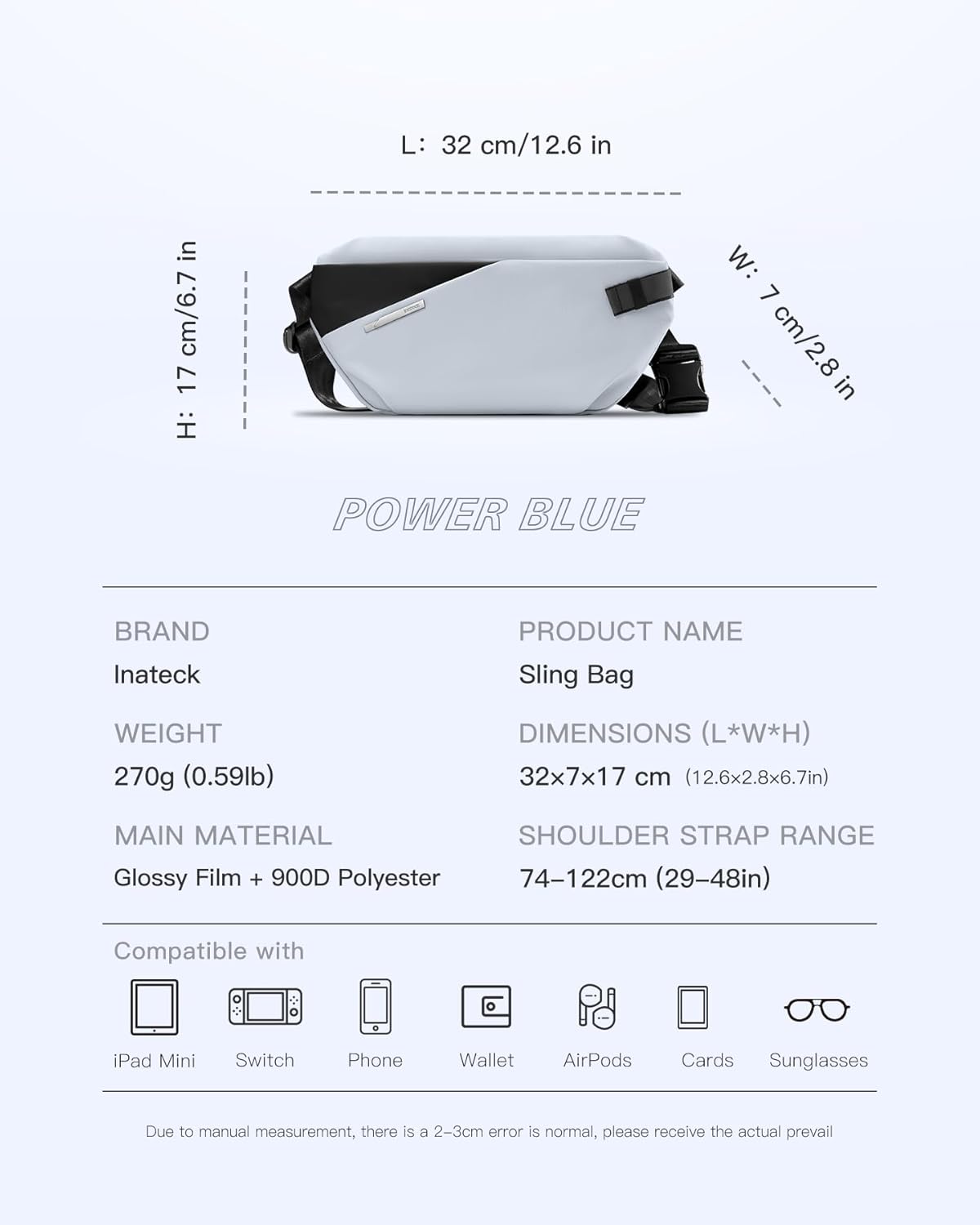 Inateck Sling Bag X-Lite, Lightweight Crossbody Shoulder Chest Bag with Quick-adjust Strap, Water-resistant Waist Fanny Pack for Men, Women, Travel, Cycling, Hiking, Work, Sports - Image 2