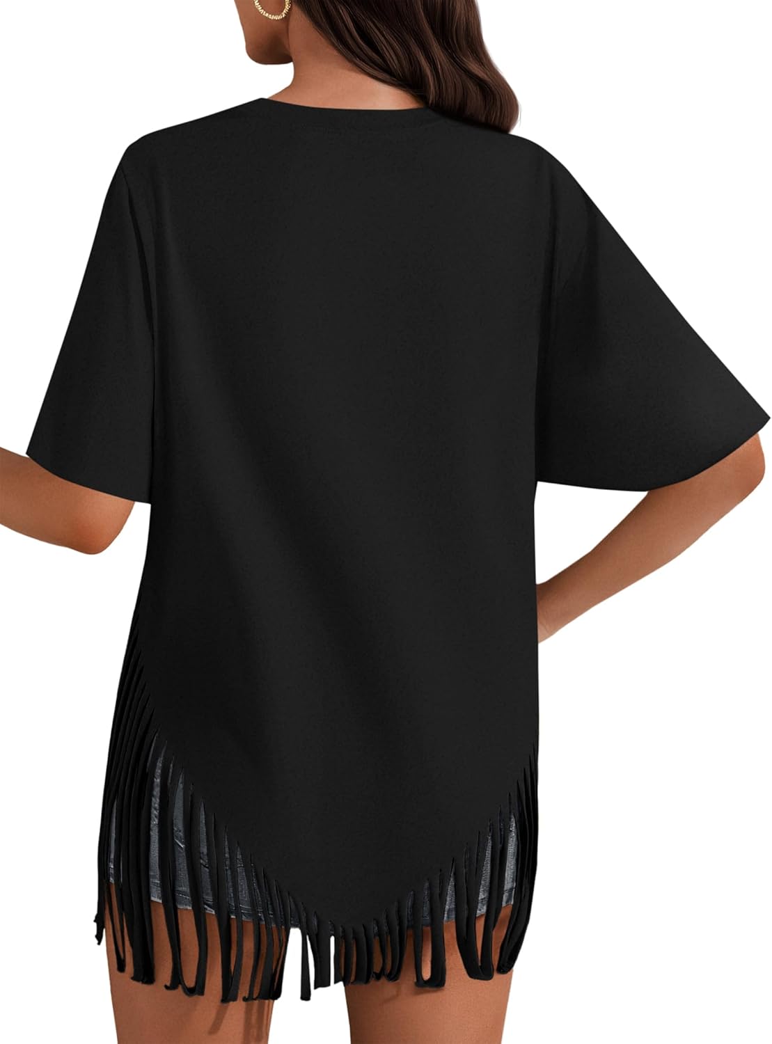 Remidoo Womens Fringe Top Oversized T Shirt Round Neck Short Sleeve Tee Shirts - Image 2