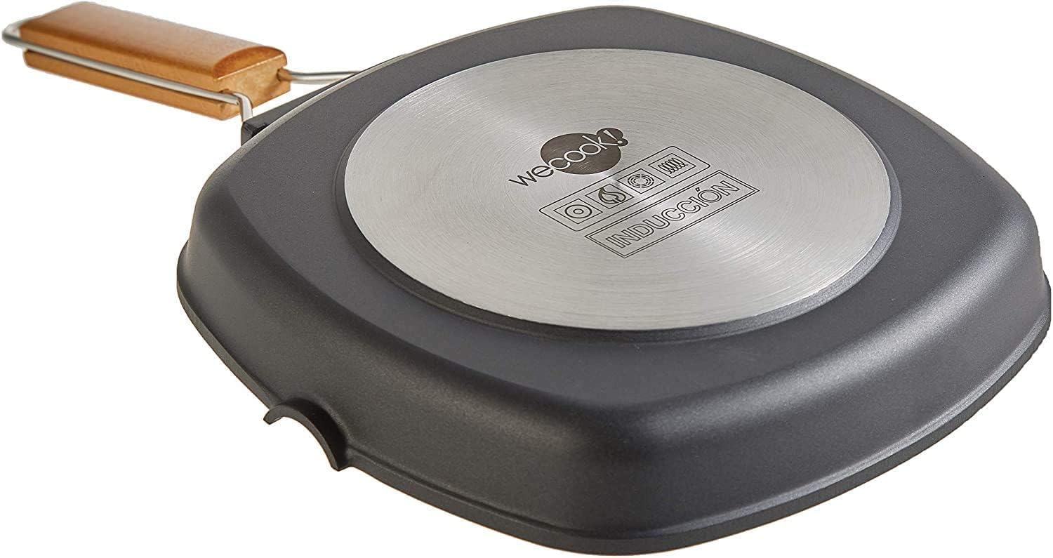 WECOOK! Ecostone Bistecchiera Liscia, Induzione, 24 x 24 cm, Antiaderente ILAG Ecologico senza PFOA, Alluminio Fuso, 5mm di Spessore, Manico in Legno Pieghevole, Vitroceramica, Gas
