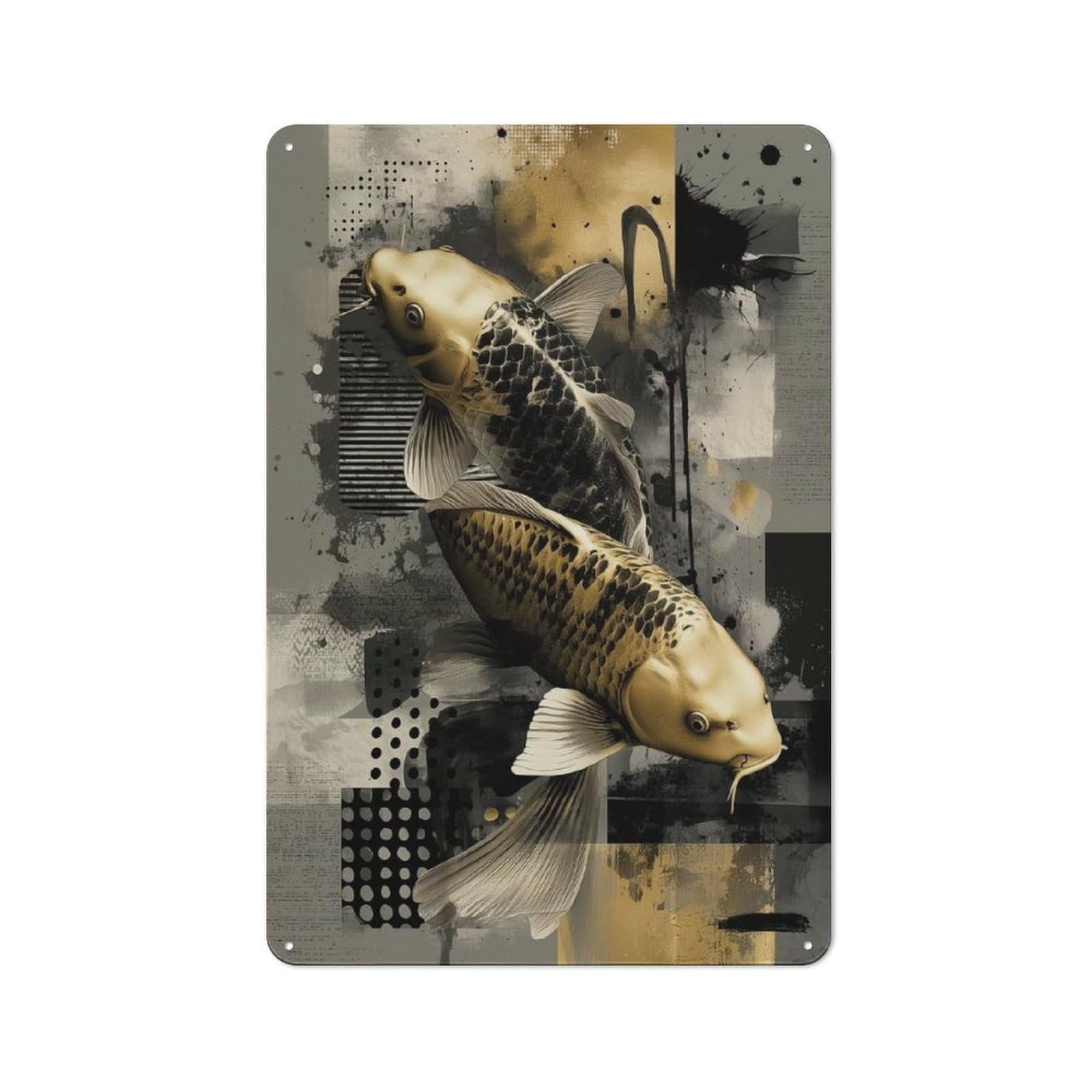 Black And Gold Koi Fish Collage Printed Metal Sign 30x20cm for Café Or Home Bar, for Kitchen And Home Bar Decor, for Cafés, Pubs And Restaurants