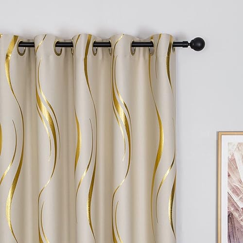 MYRU Juego de 2 paneles de cortinas de rayas con estampado de aluminio para sala de estar y dormitorio (beige y dorado, 2 x 54 pulgadas de ancho x MYRU Juego de 2 paneles de cortinas de rayas con estampado de aluminio para sala de estar y dormitorio (beige y dorado, 2 x 54 pulgadas de ancho x