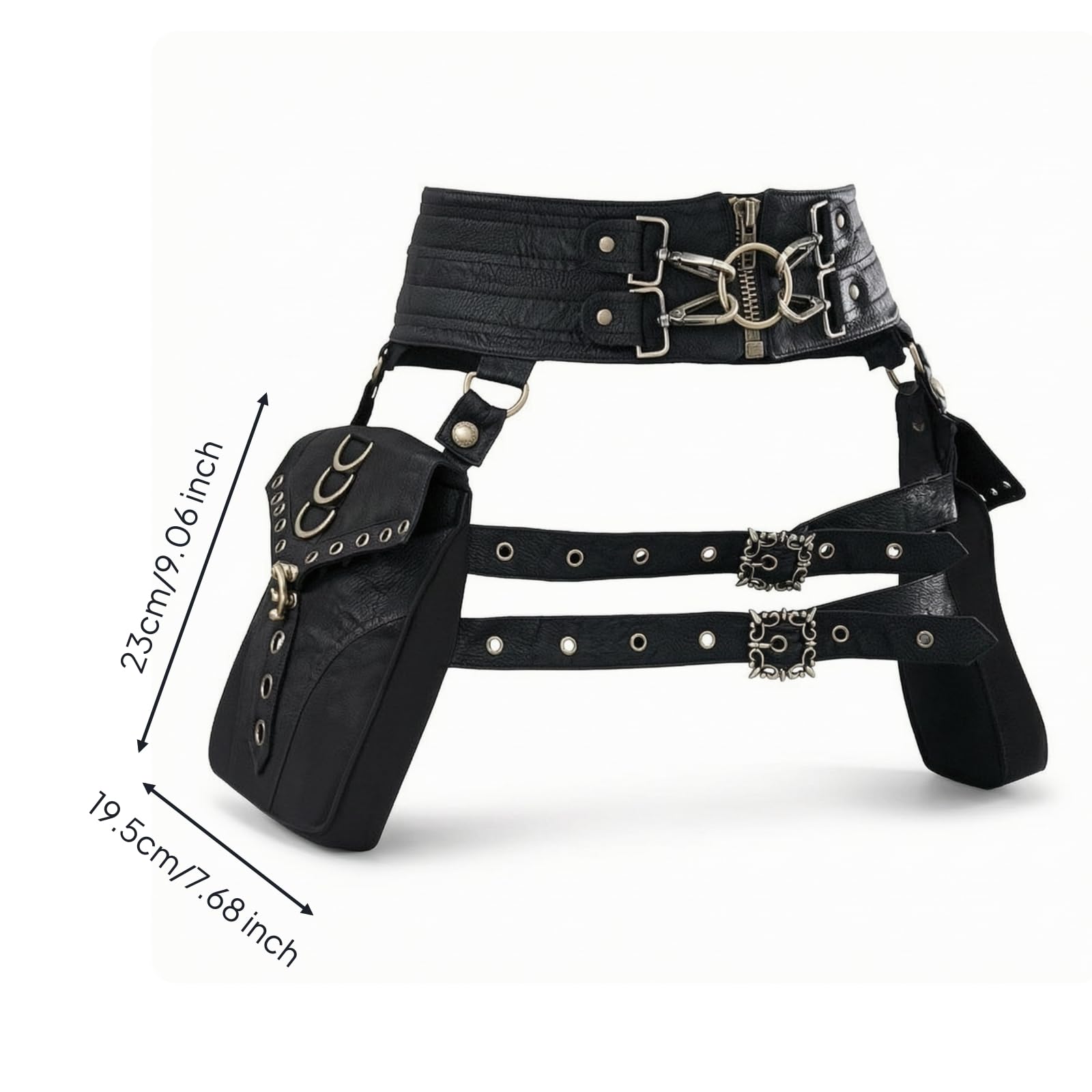 Gürteltasche Damen Bauchtasche Hüfttasche Taillentasche aus PU mit Schnallen Nieten Ösen Und Seitentaschen Verstellbar mit Bindeband für Alltag Festival Konzert Party