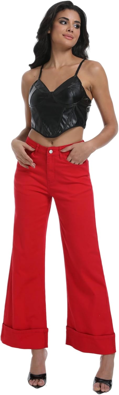 Wide Leg Jeans Woman Stretchy Cuffed High Waisted Baggy Jeans Loose Denim Pants - Image 6