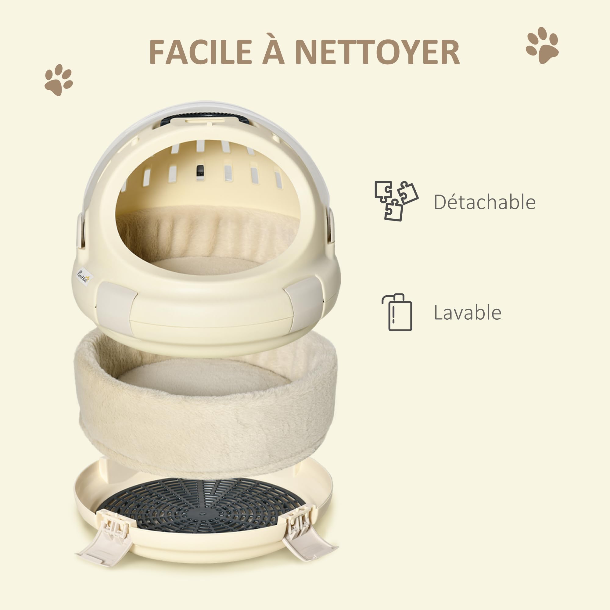 PawHut Caisse de Transport Niche pour Chat Maison pour Chat Portable Panier Lavable Coussin Amovible pour Chat ou peitie Chien Nettoyage Facile 41 x 41 x 35,2 cm Beige | Maison pour Chat, Panier Lavable, Coussin Amovible, ou Peitie Chien, Nettoyage Facile