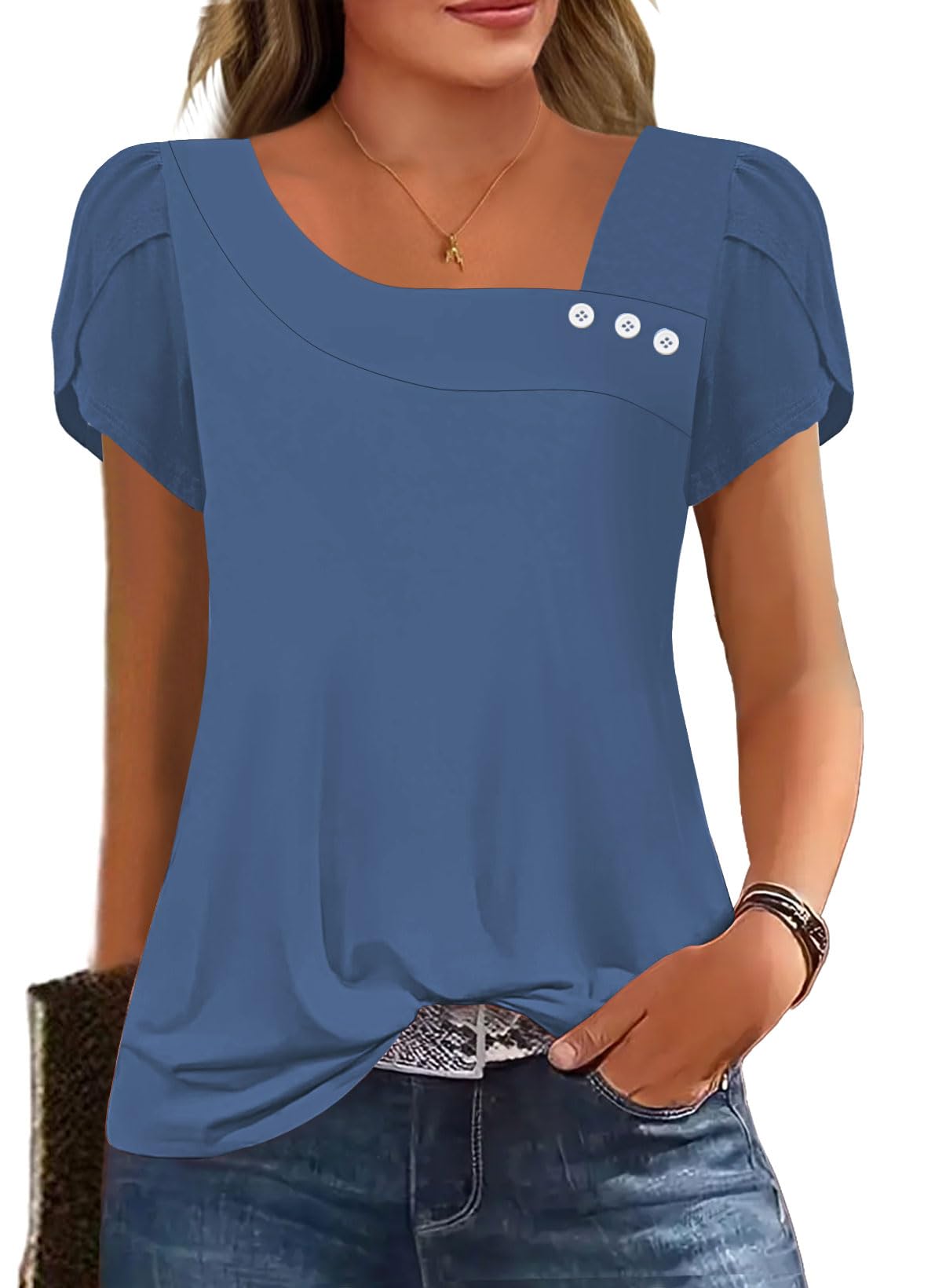 Womens Petal Sleeve Tops Summer Trendy T Shirt Casual Loose Square Neck Button Blouse Tees