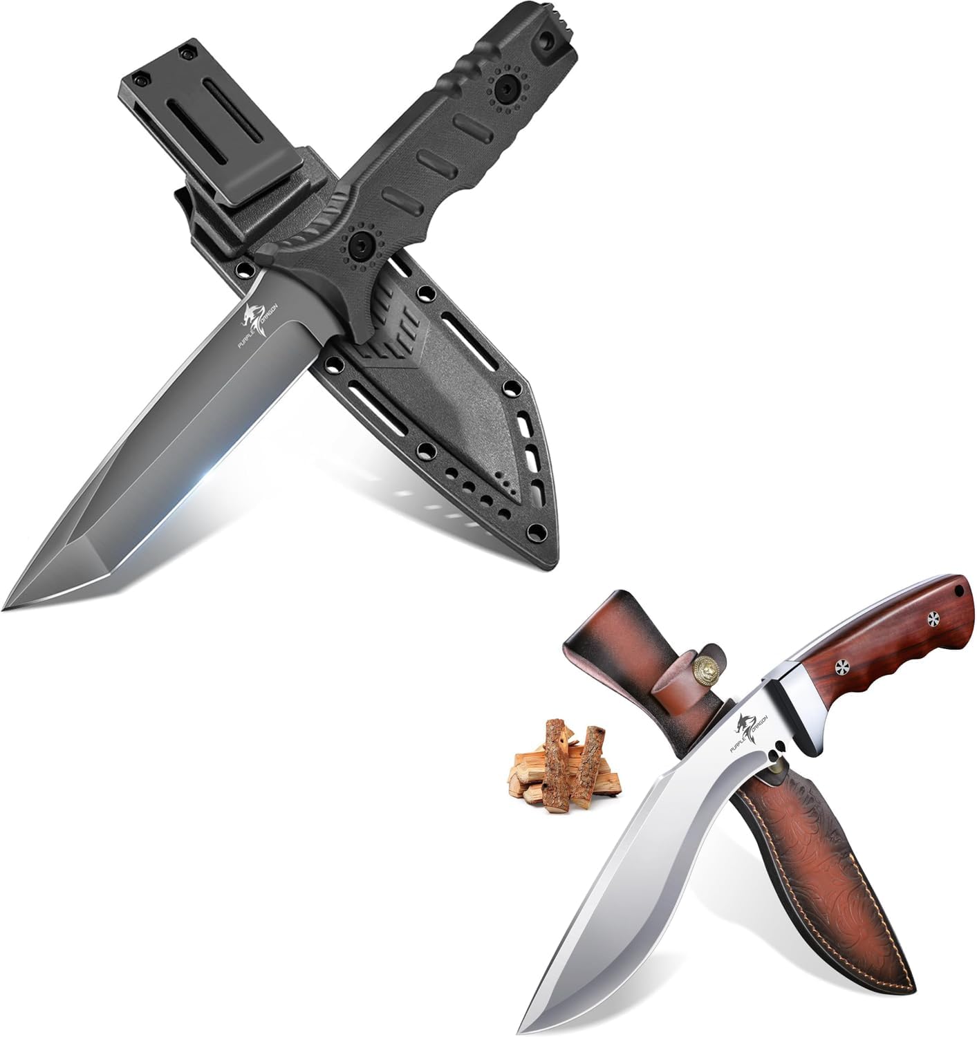 Purple Dragon Kukri Fixed Blade Knife Bundle with Black Full Tang Survival Knife with Sheath