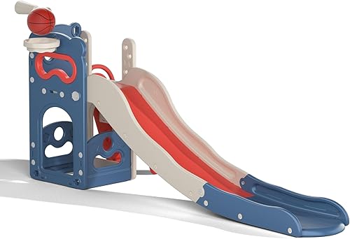 Miniatura 5 de Juego de tobogán y escalador independiente 5 en 1 para niños de 2 a 8 años, parque infantil desmontable con aro de baloncesto, telescopio, pelota y
