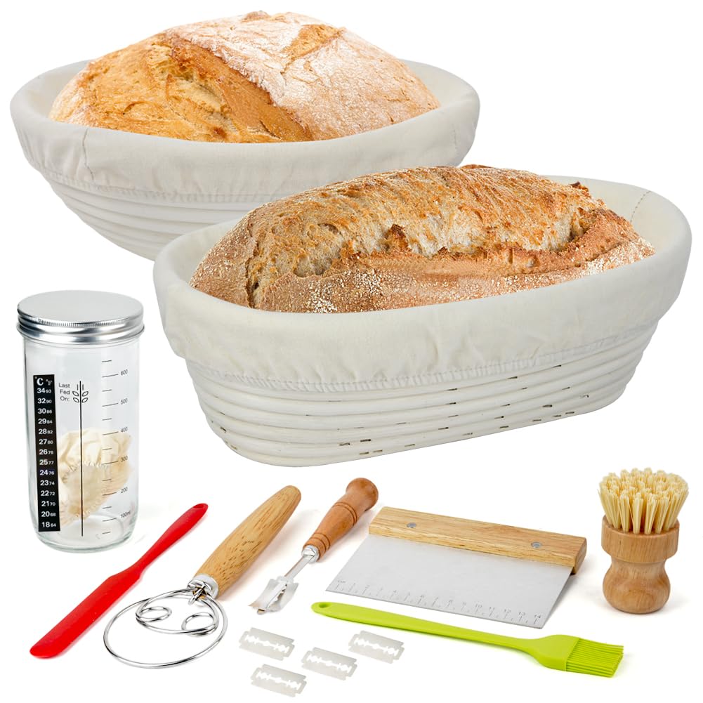 Set Cestino Lievitazione Pane in Rattan Naturale (25cm Ovale + 23cm Rotondo) con Tela di Lino, Raschietto Pasta e Accessori - per Casereccio e Porta Pane da Tavola