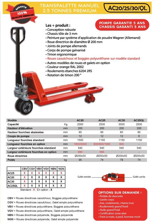 Transpalette manuel 2500 Kg 1150x540mm AC25 CGV Stockman