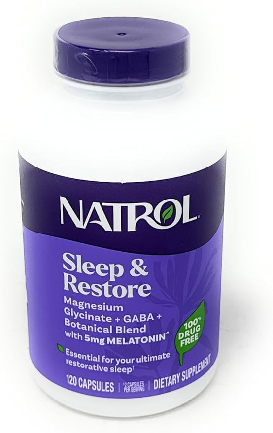 Natrol Sleep & Restore Capsules, 120 Count, Melatonin 5mg with GABA, Magnesium & Vitamin B6, Vegetarian, Non-GMO,Essential for Your Ultimate Restorative Sleep, Melatonin-Free, 60 Day Supply