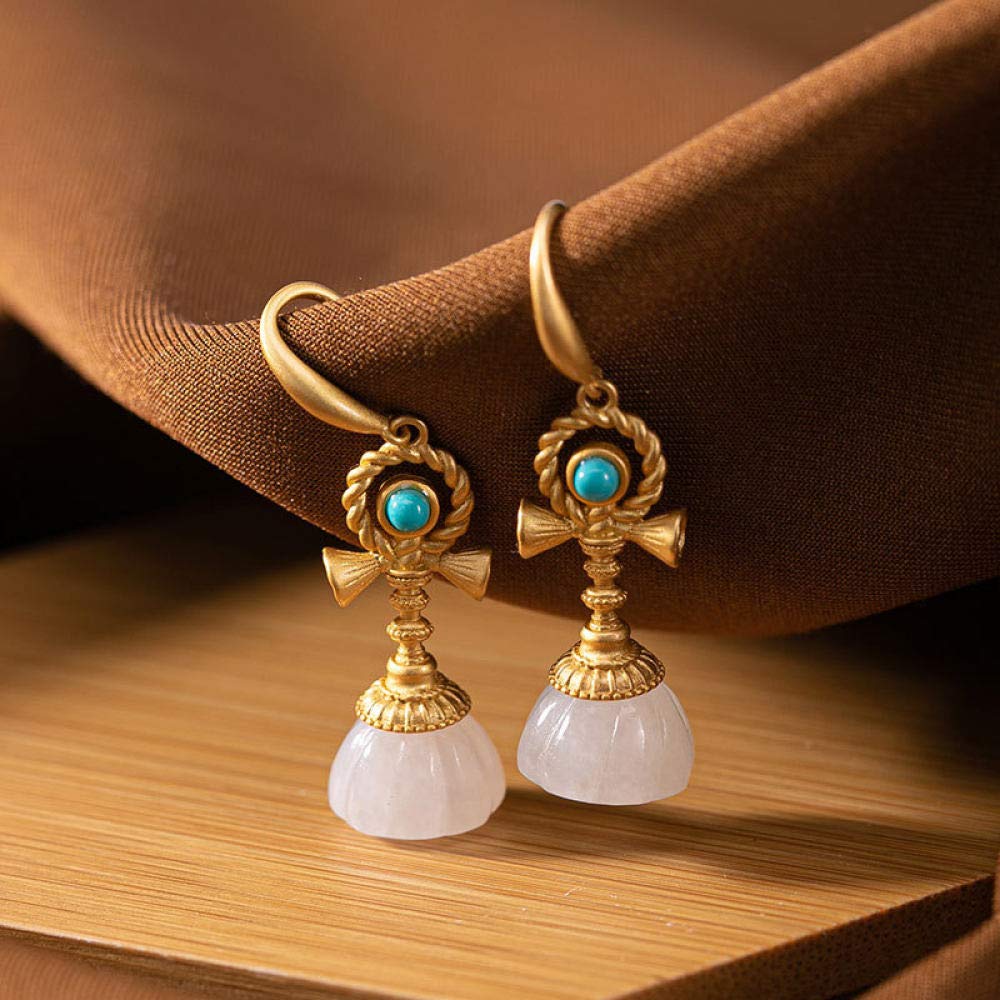 Vintage Largo Aretes De Plata Esterlina S925 Mujer Chapado En Oro Blanco Loto De Jade Encanto Estilo Chino Clásico Elegante Temperamento Temperamento De Gama Alta Regalo
