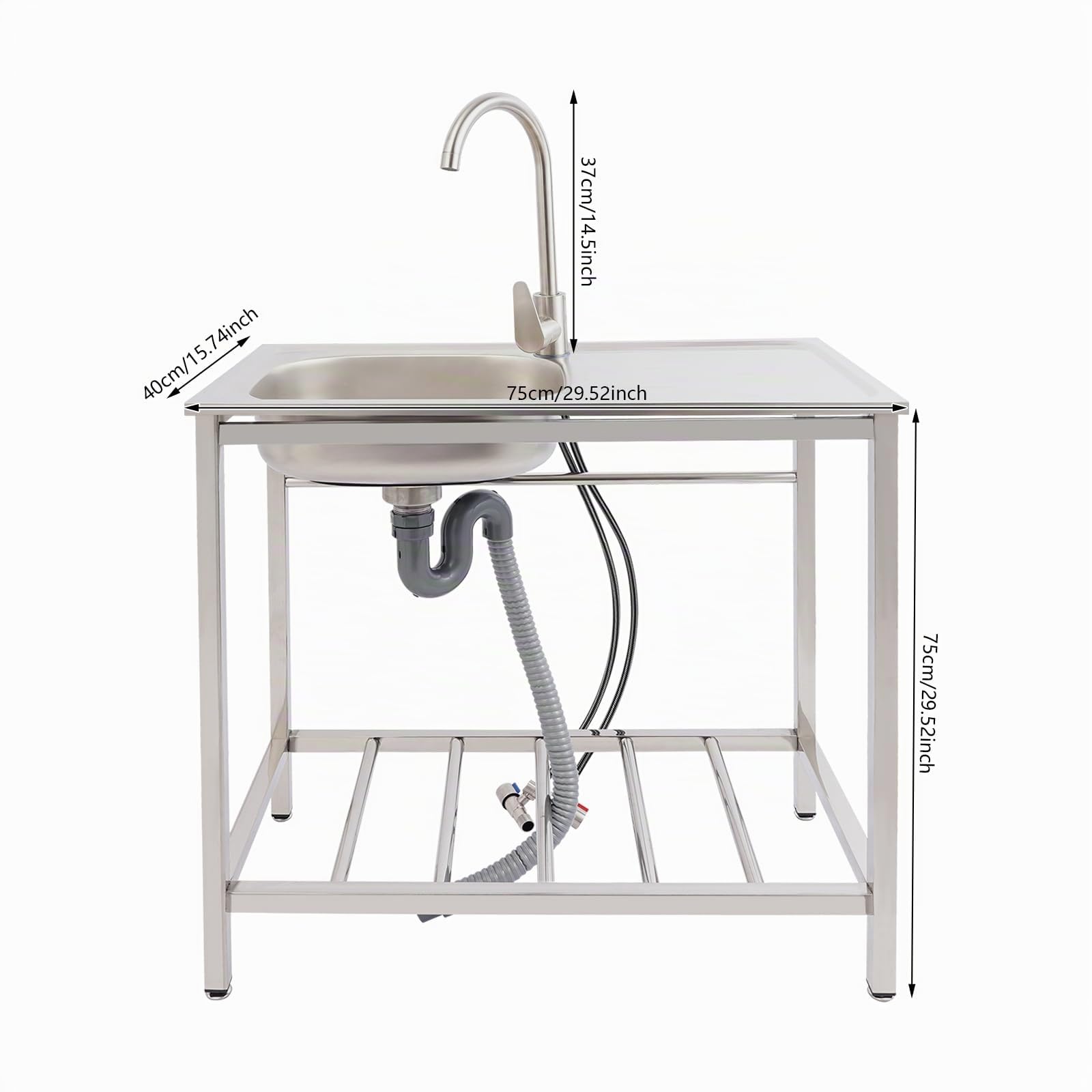 Lavabo autoportant en acier inoxydable, établi, station de lavabo, évier de cuisine simple avec robinet 360°, tuyaux d'eau froide, tuyaux d'eau chaude 75 x 40 x 75 cm