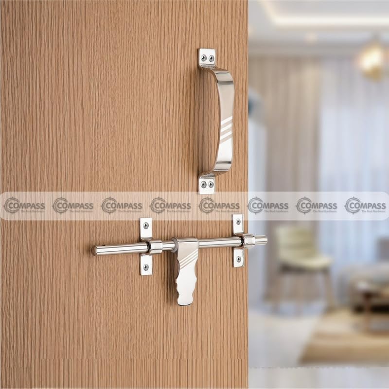 Image of COMPASS Flower Stainless Steel Heavy Single Door Fitting Accessories Full Set /Kit (1 Aldrop, 1 Latch, 2 Handles, 1 Tower Bolt and 1 Door Stopper | 10 inch | SS Finish