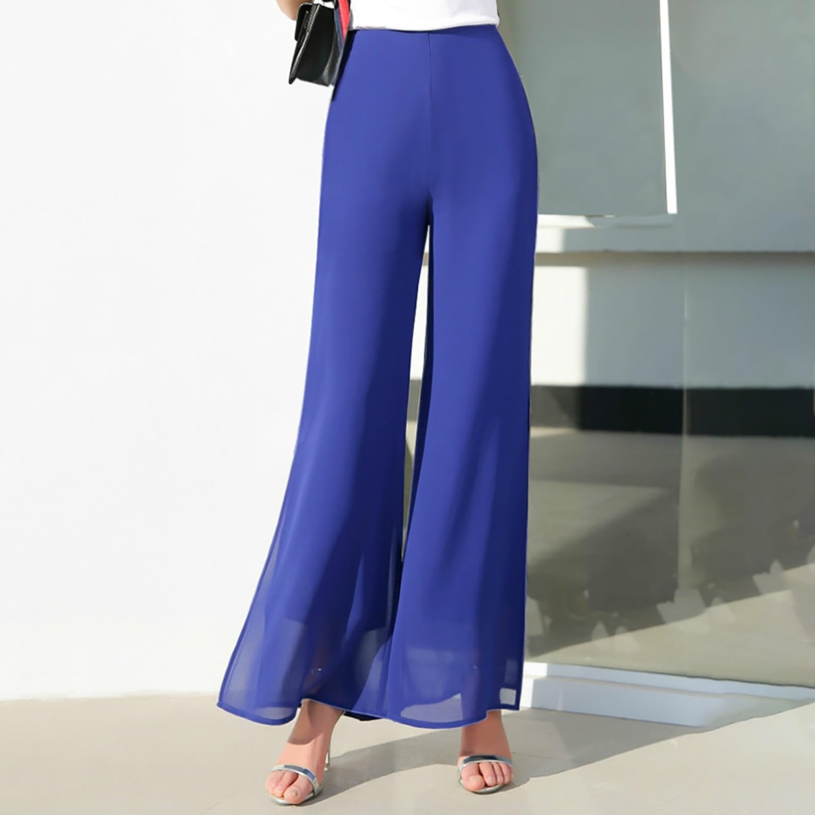 Pantalon Femme Léger en Mousseline de Soie Haute Élastique Modèle Fluide à Jambe Droite Évasée pour Événements #303