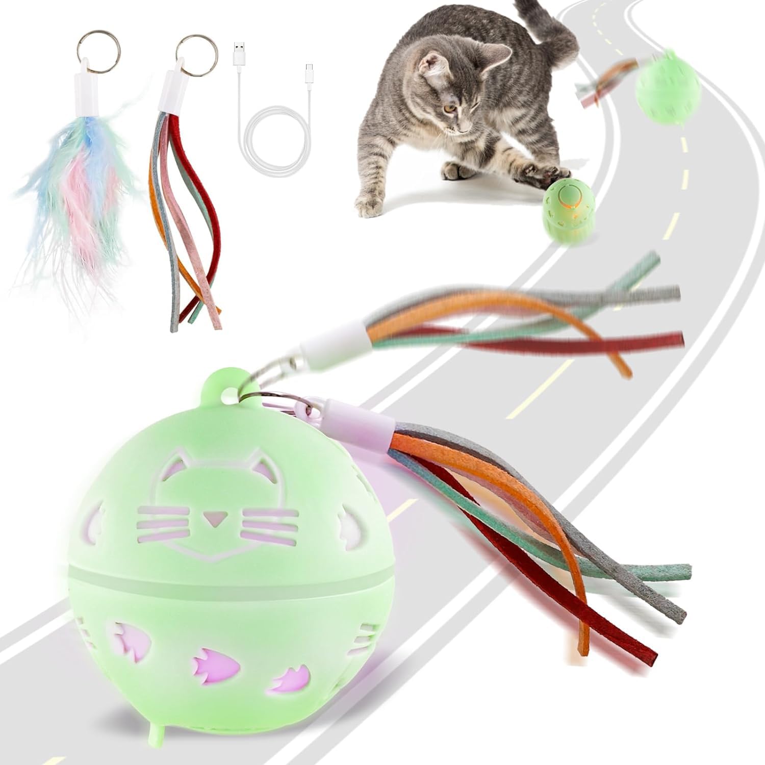 KUCKUCKI Inteligente Bola de Juguete Interactivo para Gatos, Juguetes Gatos Pelotas Recargable por USB, Giratoria Automática de 360° Bola con Plumas y Luz