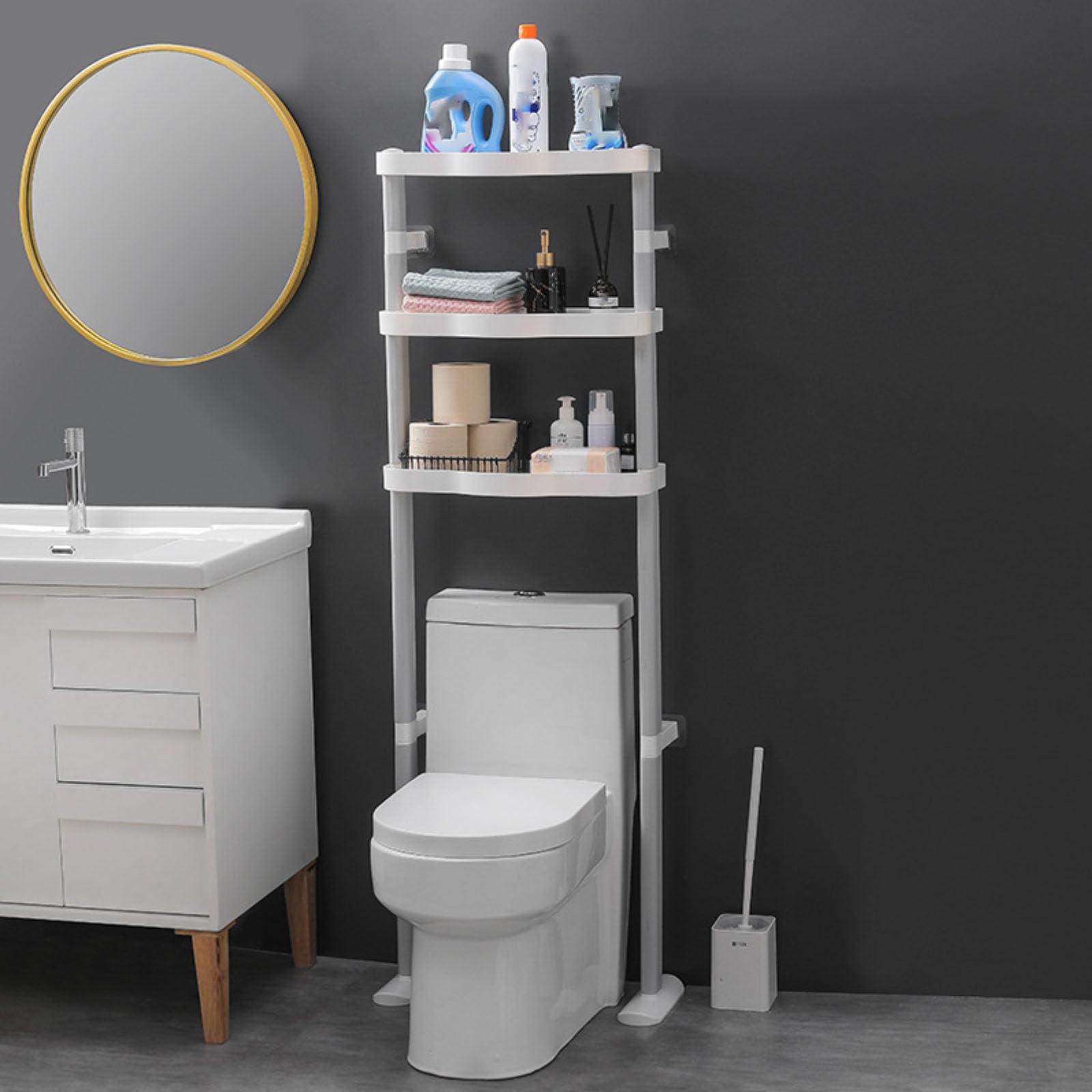 Estante de almacenamiento para inodoro, organizador independiente de plástico con autoadhesivo, estantes para baño, lavandería o balcón, solución para ahorrar espacio