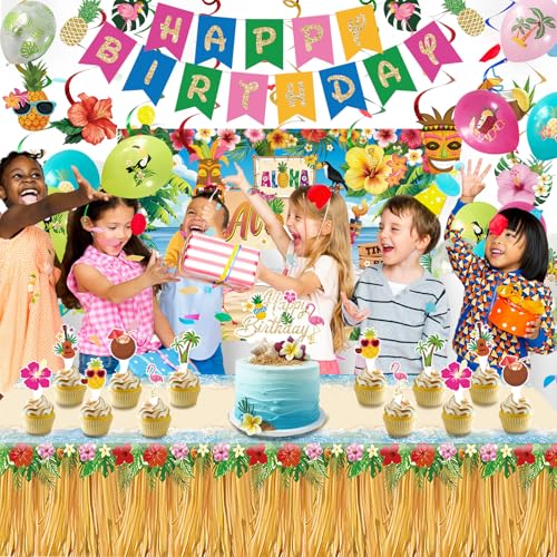 Image of Hawaiian Birthday Party Decorations Kit - Includes inchHappy Birthday inch Banner, Hanging Swirls, Aloha Backdrop, Balloons,Cake Toppers, Tablecloth for Tropical Luau Theme Party Supplies