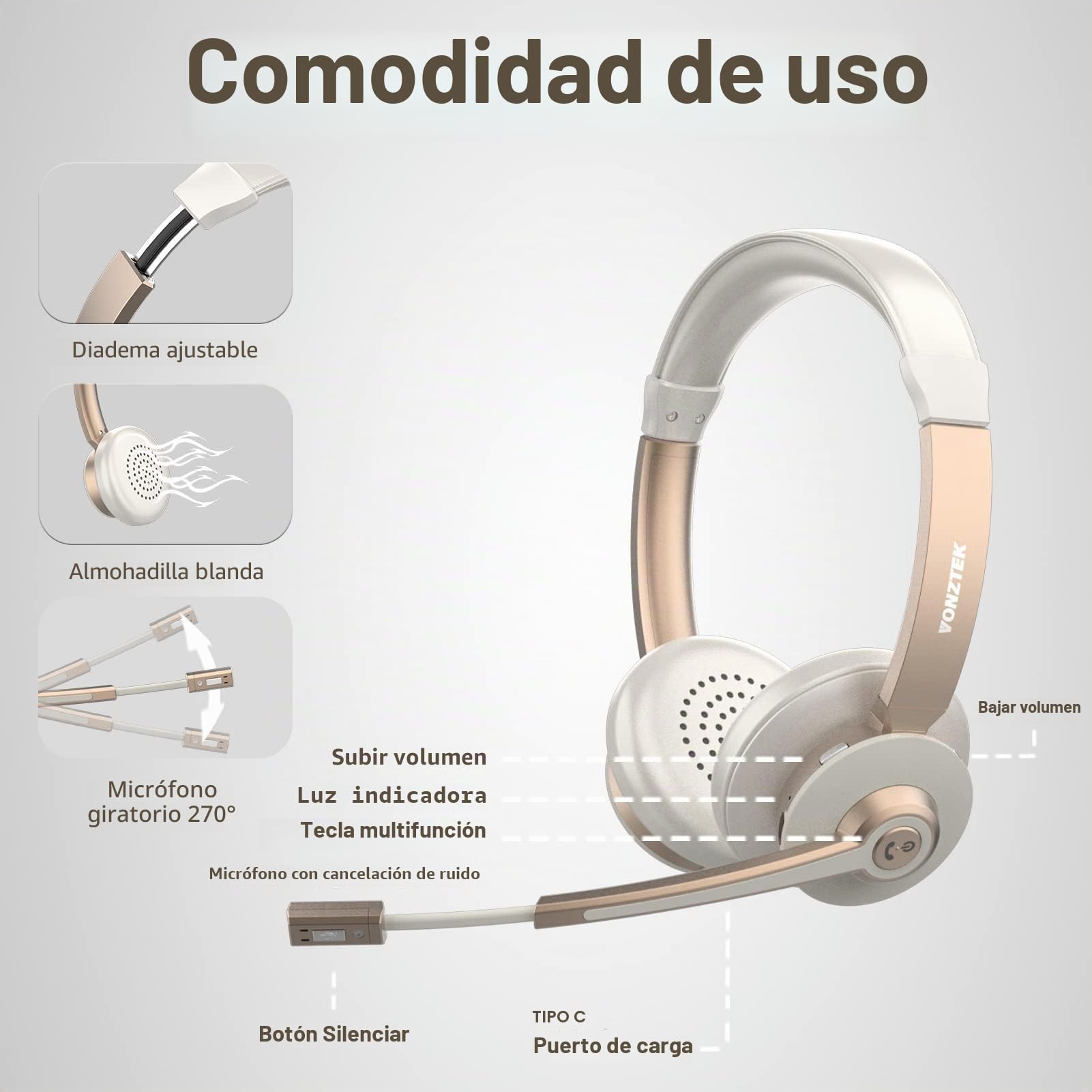 Auriculares inalámbricos QCC v5.1 Bluetooth con micrófono, micrófono CVC cancelación de ruido y silencio/base de carga/dongle USB, 26 horas manos libres para teléfonos celulares/equipos Ms