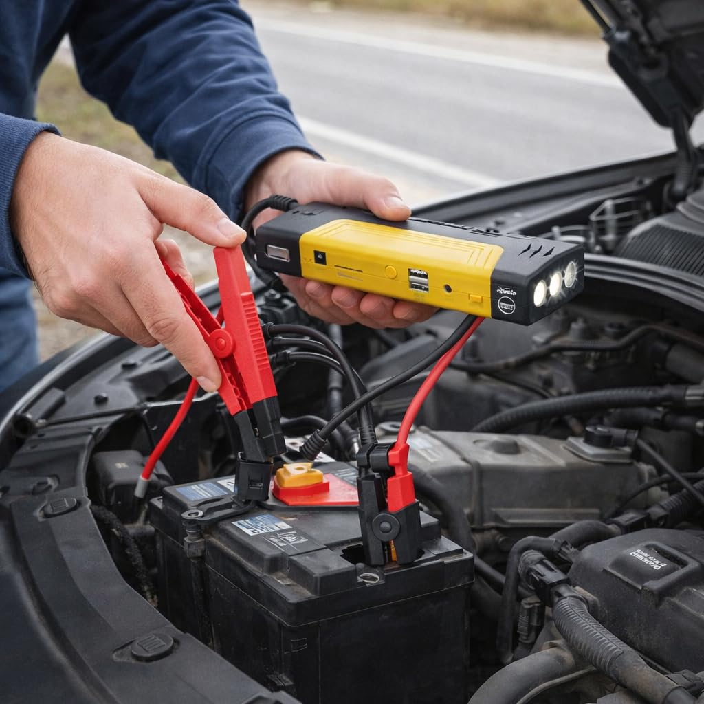Avviatore Auto Portatile Jump Starter 12V con Power Bank USB, Torcia LED Integrata, Cavi con Pinze di Sicurezza, Batteria Emergenza per Auto Moto SUV – Compatto e Facile da Usare