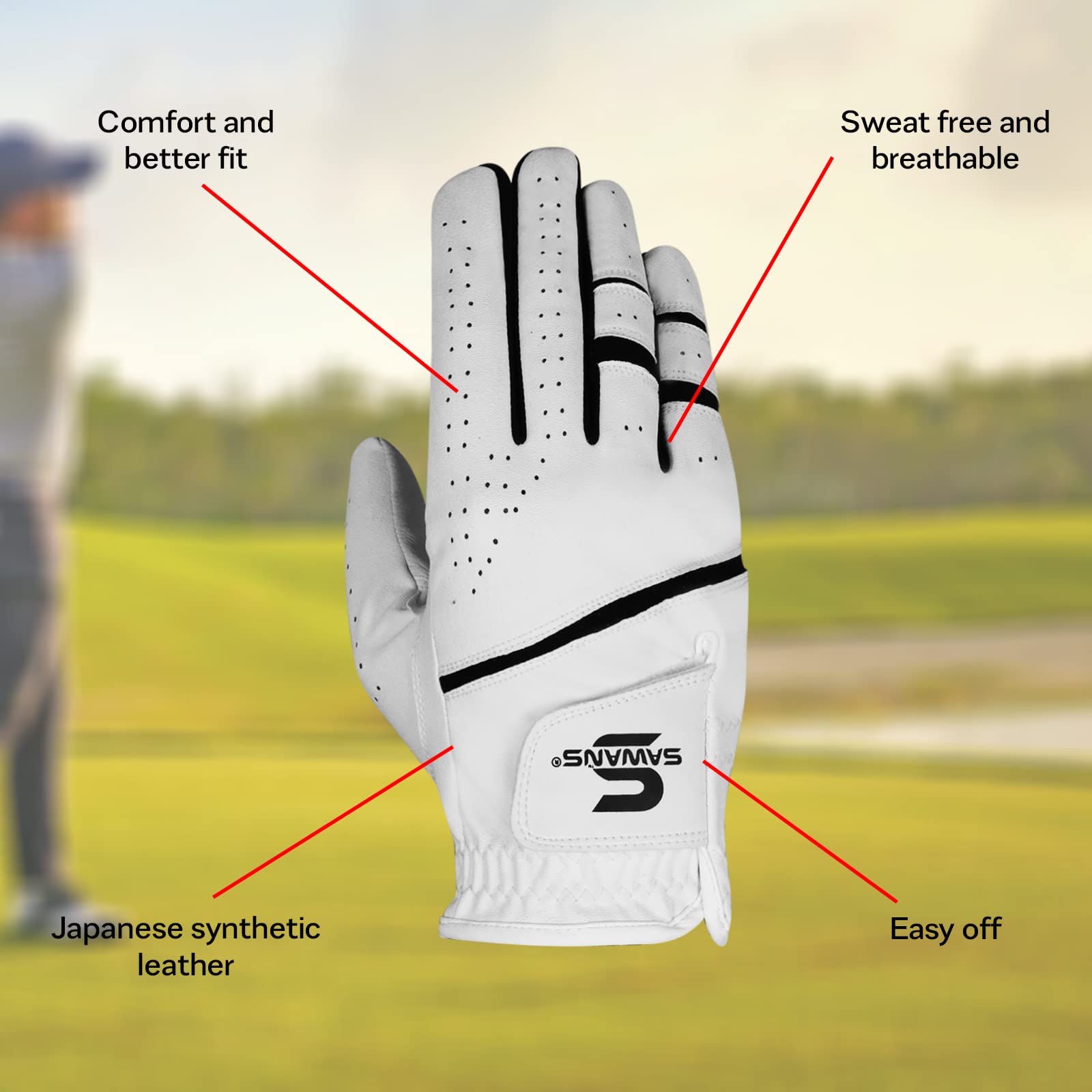 SAWANS Golf Glove Men's Durable Premium Leather Left Hand Right All Weather Grip Golfer Gloves Non Slip Flexible Golfing (White - Image 3