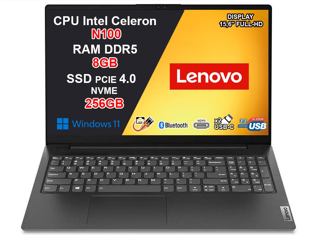 Lenovo V15 G6 Notebook Intel N100 3.4GHz 8GB DDR5 256GB SSD 15.6" Full HD WiFi 6 Windows 11 Pro Nero