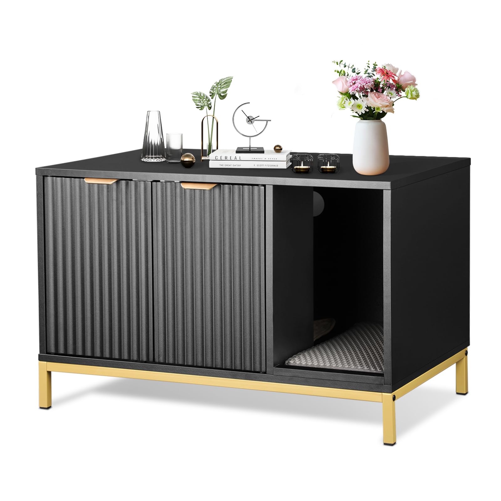 QuicMiou Cat Litter Box Enclosure, Hidden Litter Box Furniture with Metal Legs, Side End Table Indoor Cat House Storage Cabinet 31.5 x 19.7 x 20