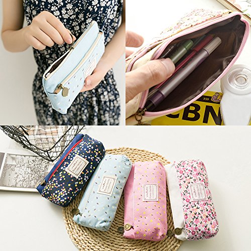 4 Pack Flower Floral Canvas Pen Pencil Cases Makeup Bags, Finegood Stationery Pouch Holders With Double Zippers For School Students Kids, With 2 Hang Ropes - Dark Blue, Light Blue, Pink, Cream #TOP7