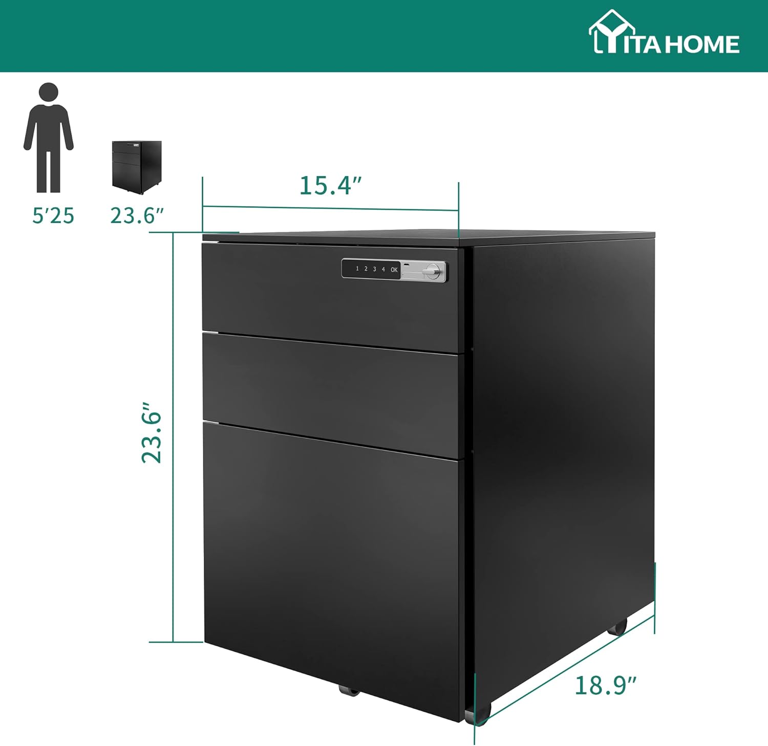 YITAHOME 3-Drawer Mobile File Cabinet with Smart Lock, Filing Cabinet Under Desk fits for Legal/Letter, Pre-Assembled Vertical Metal File Cabinet Except Wheels Under Desk - Black : Tools & Home Improvement