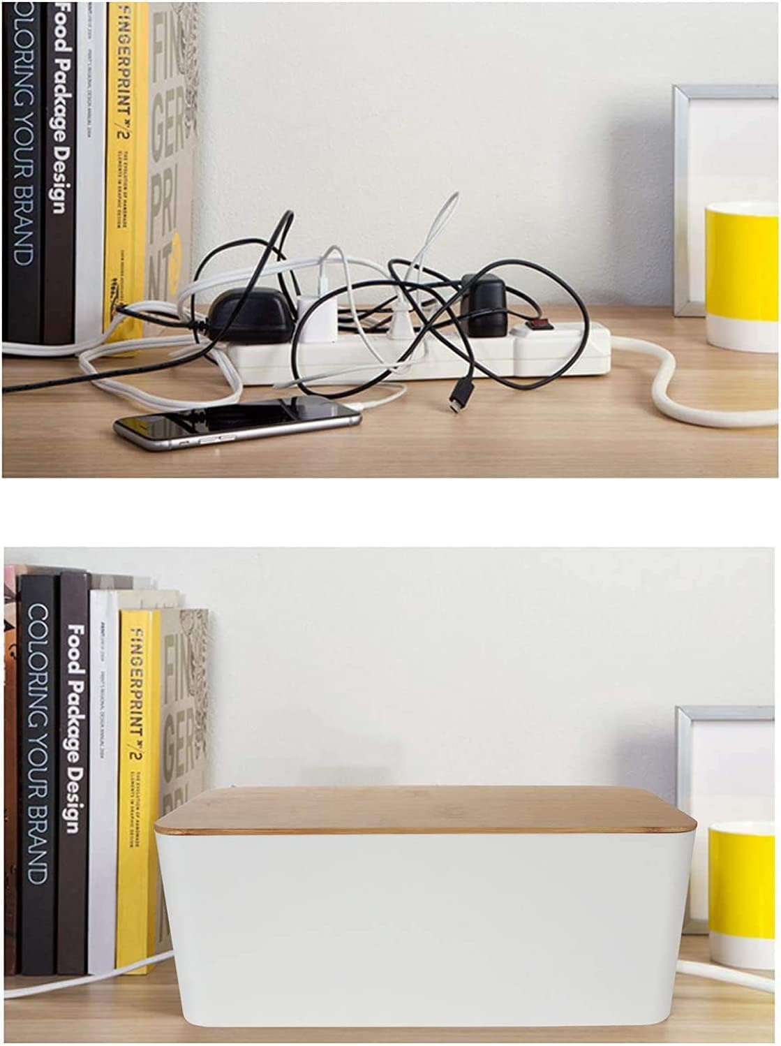 ASelected 3 Piezas Caja Organizadora Cables Tapa Madera Tapa Bambú Blanco | Organizador de Cables para Escritorio, Salón y Dormitorio, Caja para Esconder y Ocultar la Regleta con Bridas