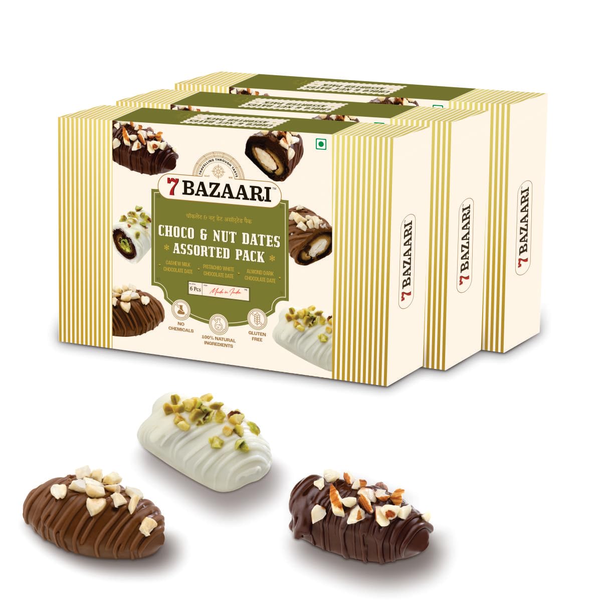 7 BAZAARI™ Choco & Nut Dates Assorted Pack - Cashew Milk Chocolate, Pistachio White Chocolate, Almond Dark Chocolate Coated Dates - Gluten Free - 18 Pieces - 360g | Premium Mithai, Healthy Sweets, Indian Sweet Box, Festival Sweets (Pack of 3), Deli (B0DC47QWZL) Amazon Price History, Amazon Price Tracker