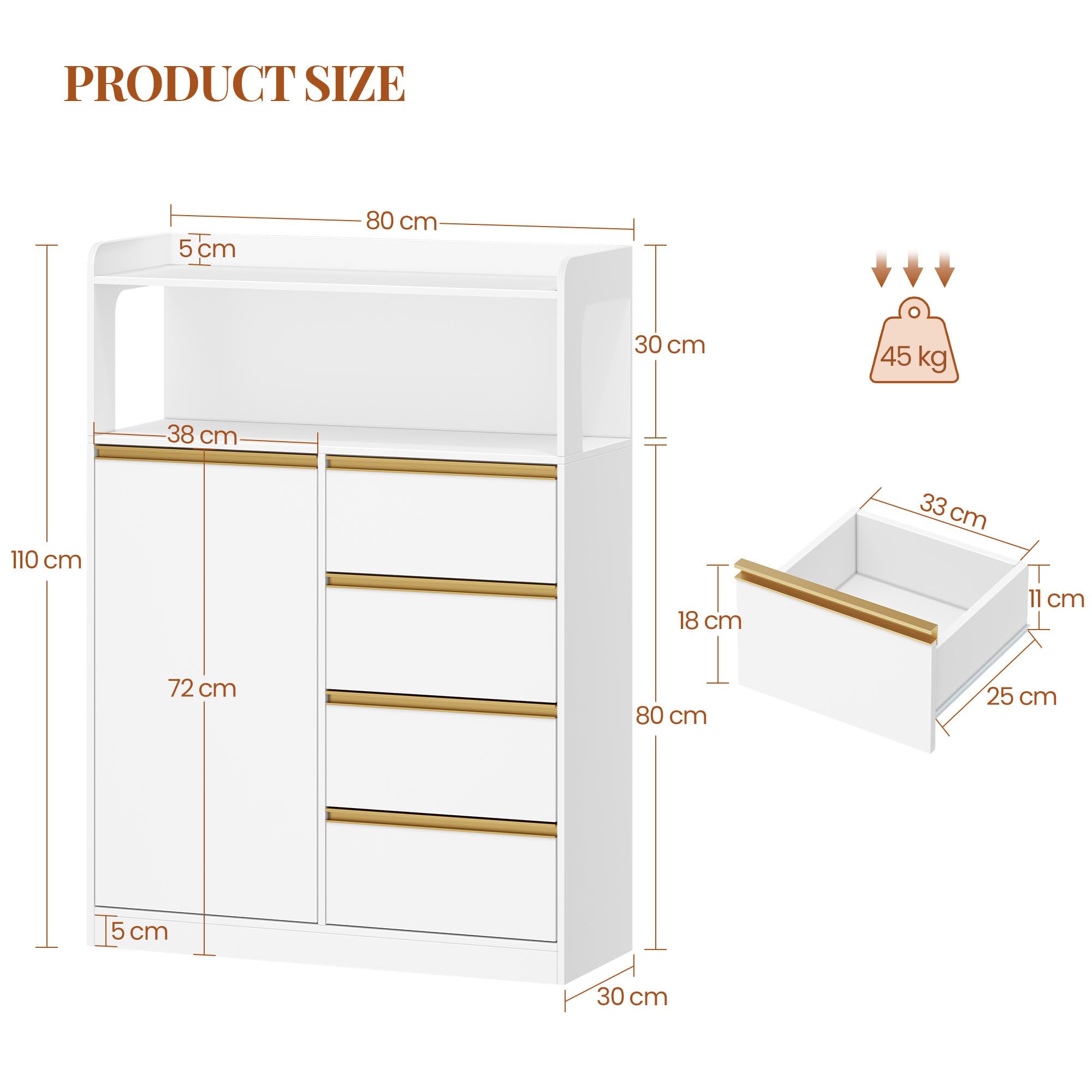 HEXCELEN Mobile da Bagno, Armadietto Autoportante, con 4 Cassetto e Ripiano Regolabile, Armadietto da Salvaspazio con Cassetto Spazioso, per Bagno, Soggiorno, Corridoio, Bianco-Oro, 30x80x110cm