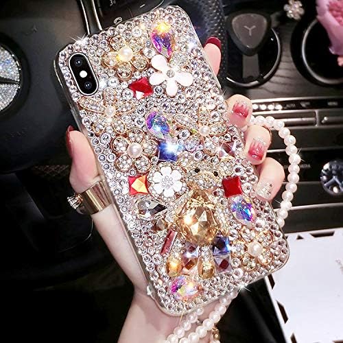A5XIAKA Women's Handmade Jewelry Diamond Bling Colourful Bear DIY Phone Cover with Pearl Lanyard Strap for Samsung Galaxy A70 (Multicolour)