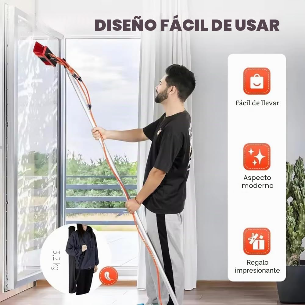 Palo Telescópico de Agua 10m con Cepillo Flexible 55cm|Cabezal Ajustable 180°|Incl Manguera Anticongelante 20m y Accesorios,con Bolsa de Almacenamiento|para Paneles Solares,Ventanas,Caravanas