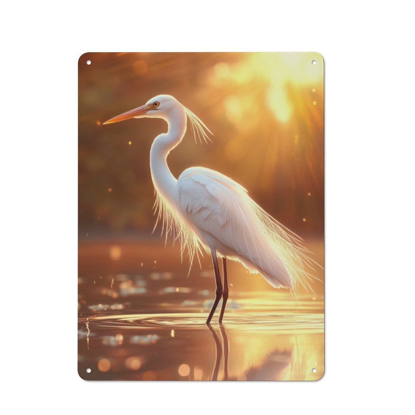 Junmoney White Heron At Sunset For Hobby Room Or Studio, Rustic Metal Sign 40X30cm, For Creative Interior Collectors Refreshing A Room In Autumn