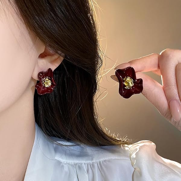 Statement Flower Petal Earrings Irregular Red Stud Earrings for Women Valentine's Day Jewelry Gift(Red) by KURTCB - Used condition - Image 5