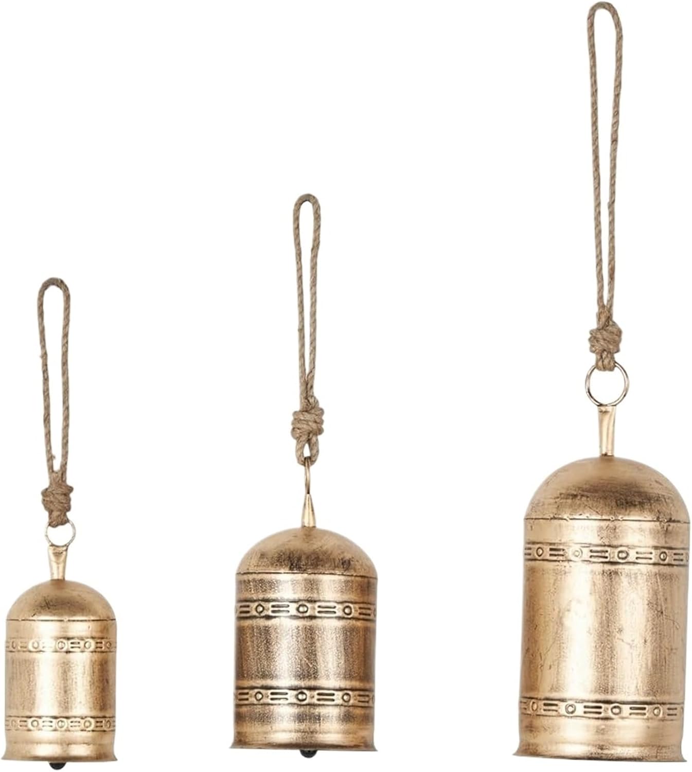 Decorative Cow Bells Gold Metal Decorative Giant Cow Bells Set of 3 Cylindrical Hanging Jute Rope Home Decor Indoor Outdoor