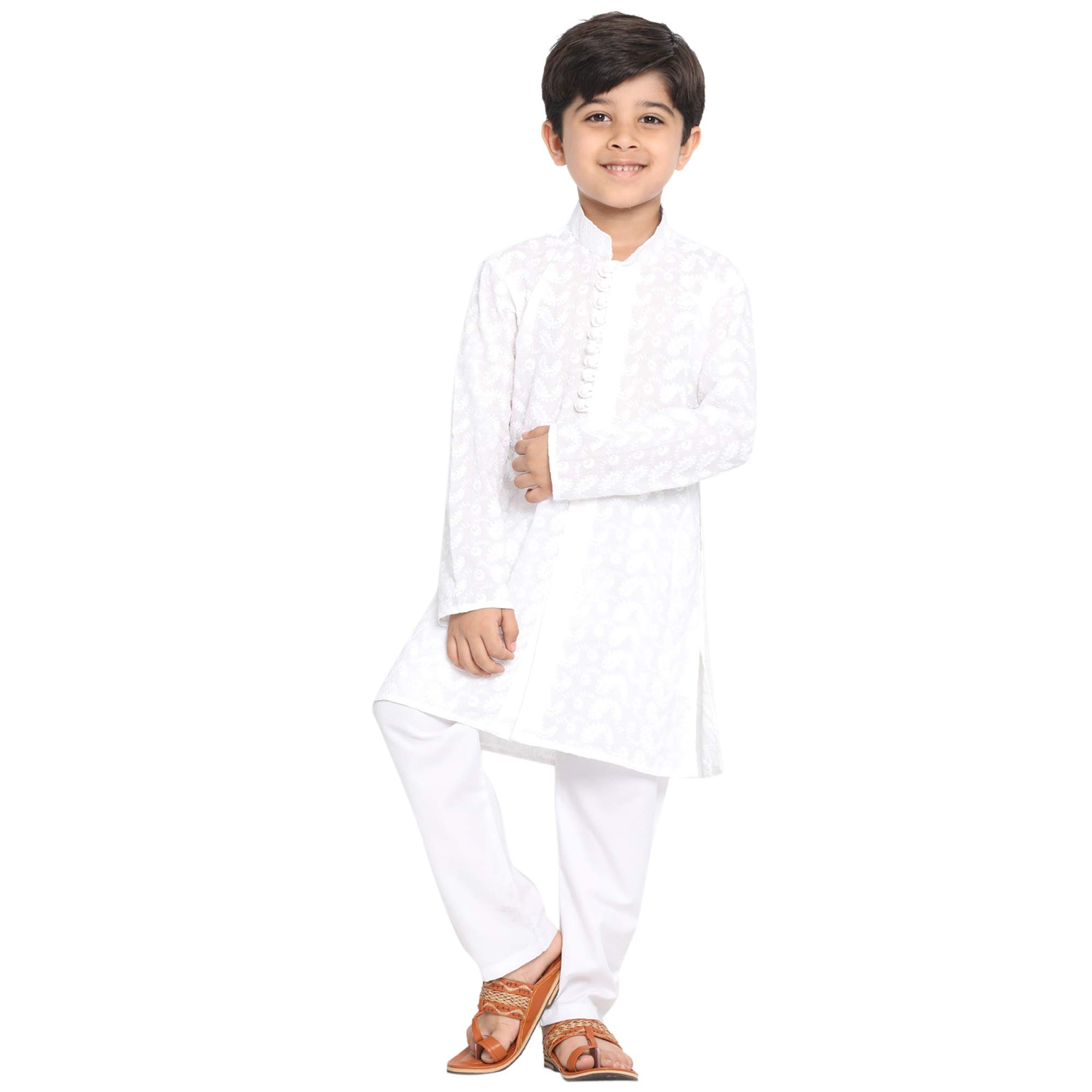 Vastramay Boys' Cotton Kurta Pyjama Set With Lucknowi Chikankari Embroidery, Full Sleeves & Mandarin Collar  Perfect For Festive/Wedding