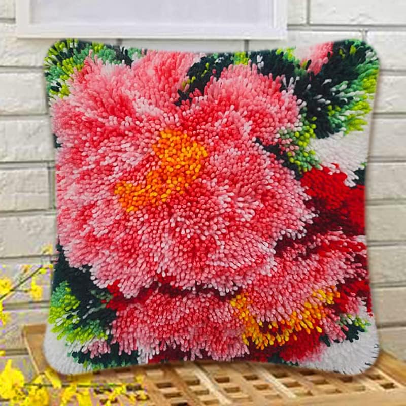 Kit de cojín de gancho de pestillo, kit de gancho de peonía rosa, kit de bordado de almohada para principiantes, kit de alfombra de gancho de