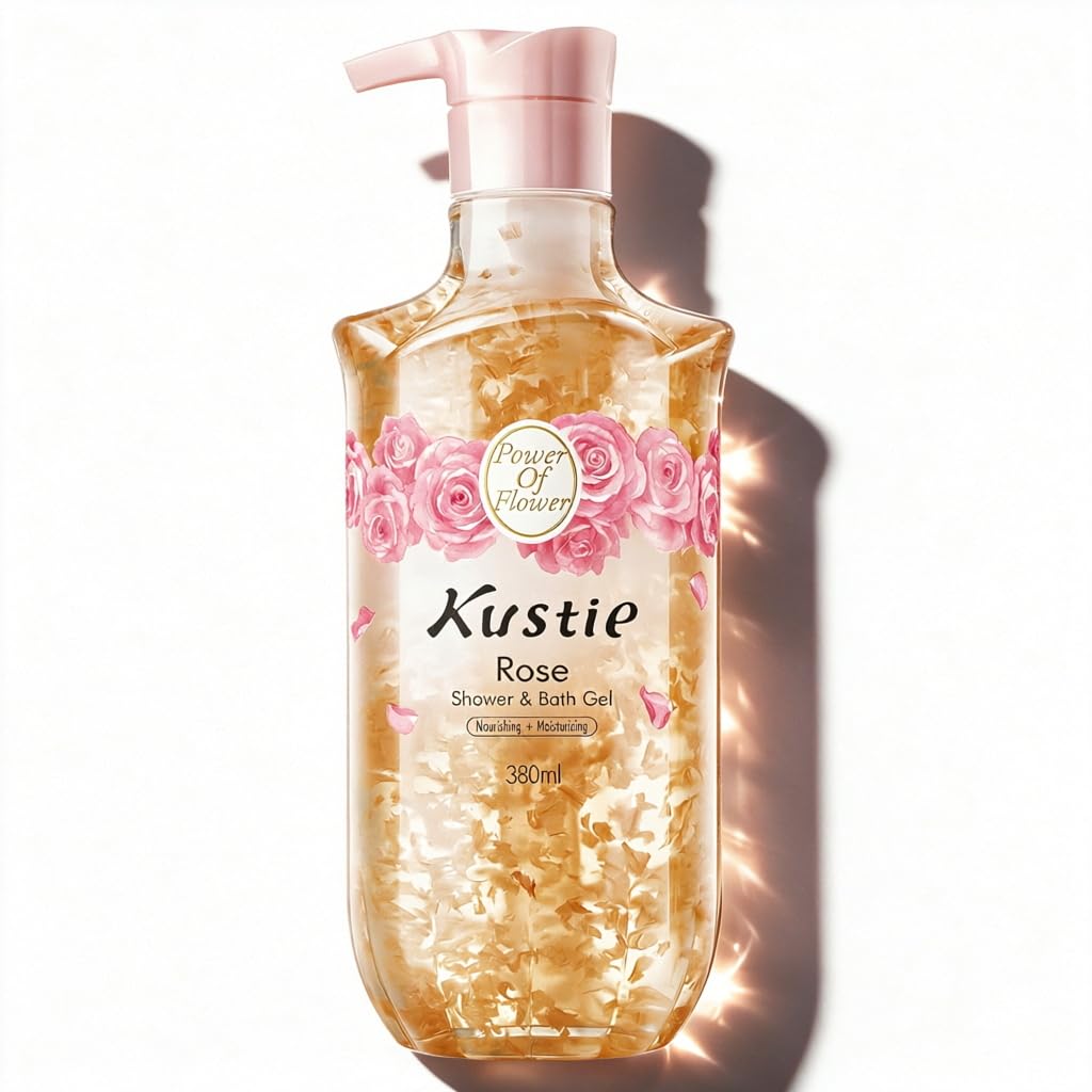 Kustie Rose Body Wash with Real Petals - Hydrating Wash, 12.8 Fl Oz