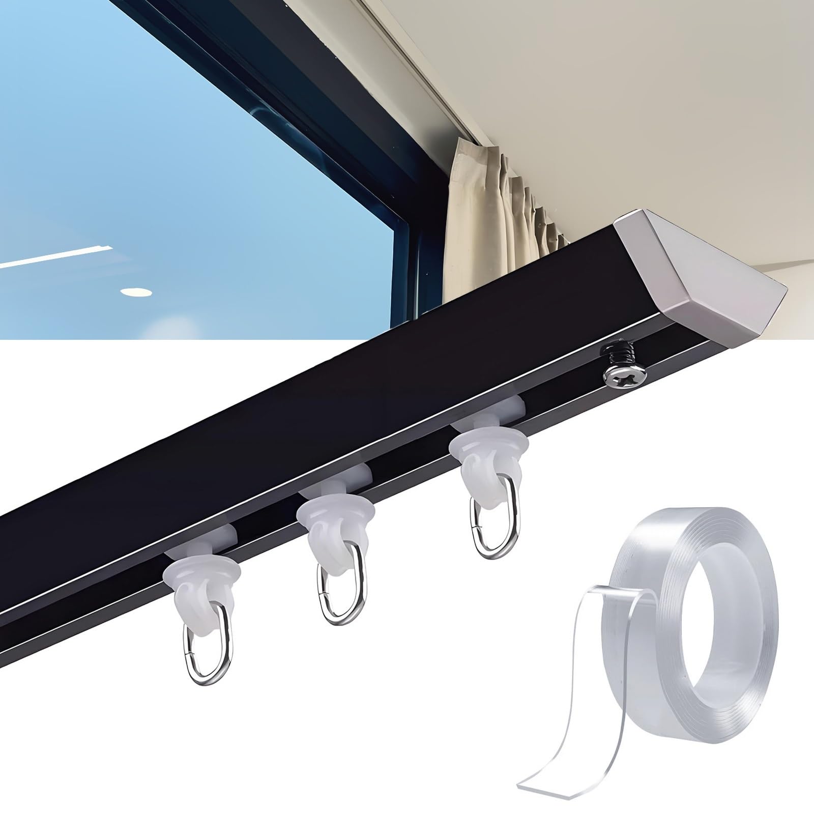 Vorhangschiene Selbstklebende 1 läufig, Schwarz Gardinenschiene, Gardinenstange Ohne Bohren für Decken-Wandmontage, Raumteiler Schiene, Schwarz/Weiß, Unauffälligen(schwarz,260cm/8.5FT)