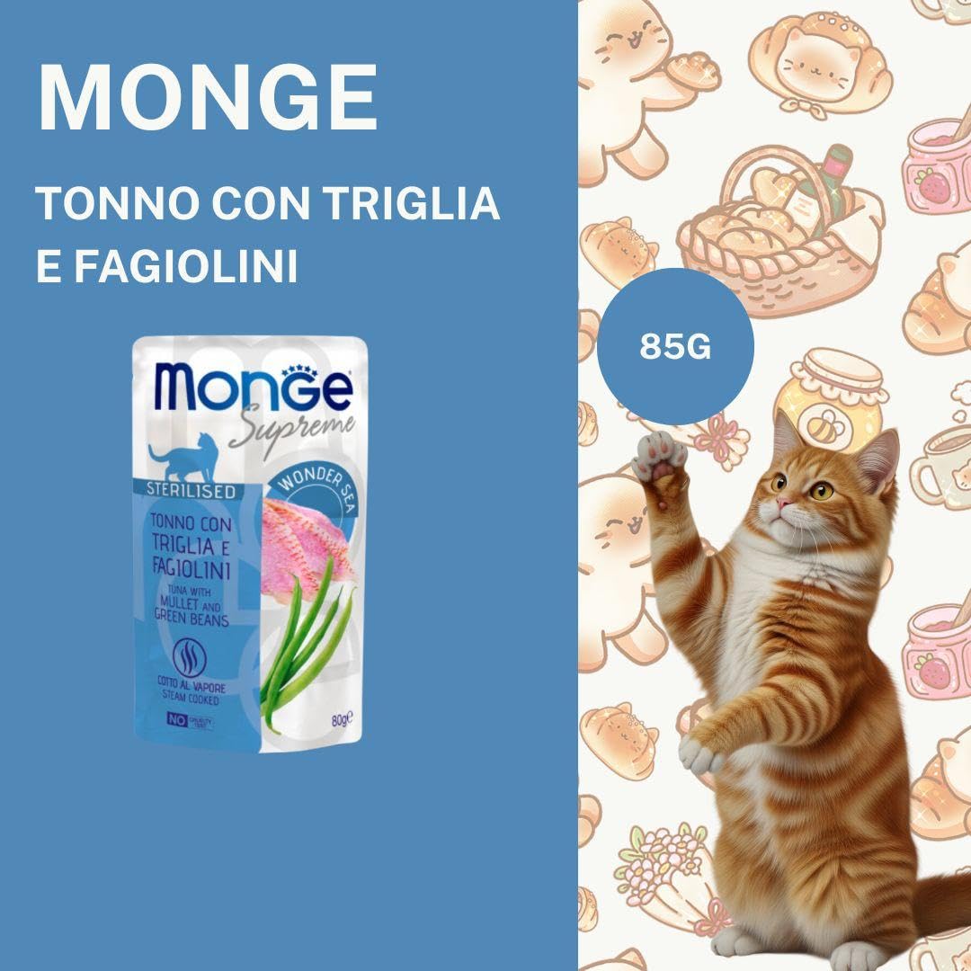 Monge Natural - Bolsitas para gato, alimento completo para gatos adultos y esterilizados, Monge húmedo gato sabor atún con trampa y frijolinos, húmedo para gatos | 12 sobres de 80 gramos cada una.