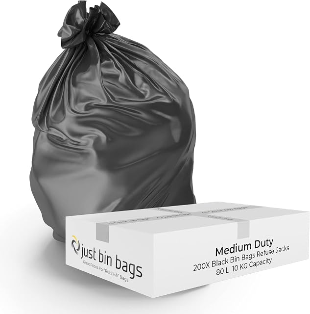 200x 80L Black Bin Bags - Refuse Sacks - Medium Duty | 10kg Capacity- 80 Gauge, 20 Micron Strong Rubbish Dustbin Bags (Smokey)