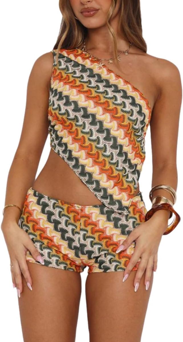 Wuitrie Summer Two Piece Sets for Women 2025 Sexy Slanted Shoulder Backless Tops Shorts Beach Vacation Clothes