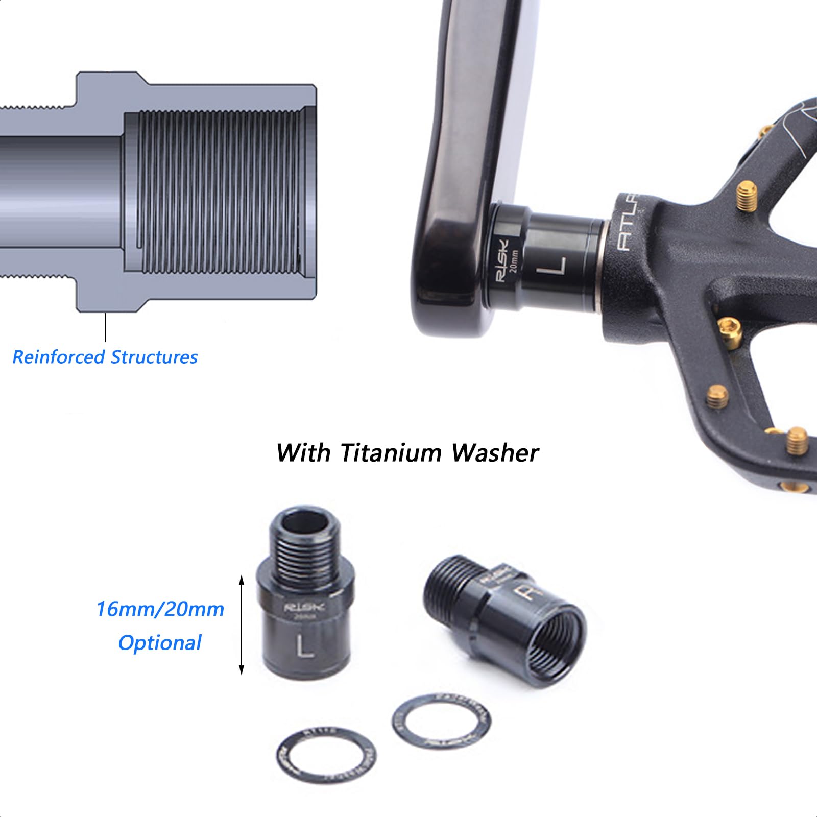 Fahrradpedalverlängerung, Titanlegierung, 16/20 mm, verlängertes Pedal mit Unterlegscheibe, für alle 9/16-Zoll-Gewindepedale, Fahrrad, SPD, MTB, BMX, Rennrad, Mountainbike