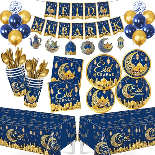 Eid Mubarak Decorations Set, 191 Pcs Party Supplies Serves 24, Cohesive Eid Decor for Family Parties, Iftar & Mosque Events Blue & Gold