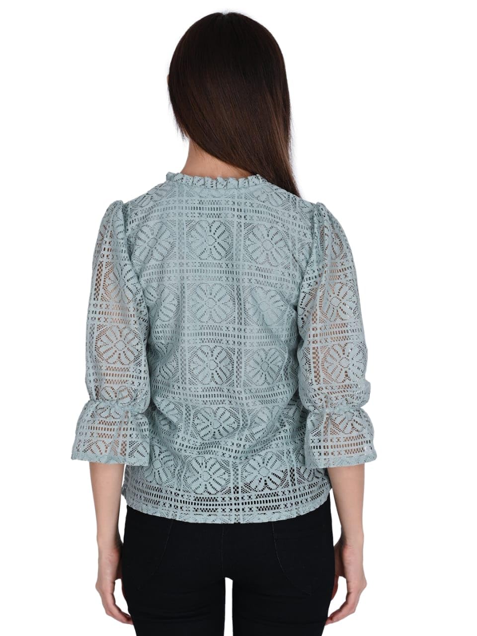 ORIEX THE ORIGINAL FASHION ORX-Girls tie up Neck Long Bishop Sleeves Knitted net top-141 (in, Age, 13 Years, 14 Years, Regular, Green) - Image 3 thumbnail