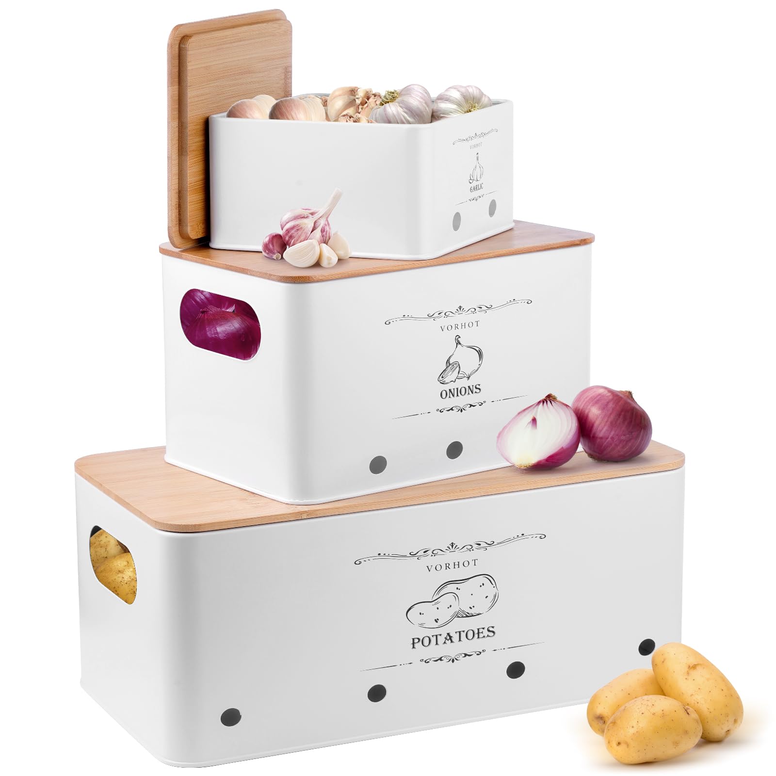 Porta Patate Cipolle Aglio, Set di 3 Contenitore Patate e Cipolle e Aglio, Porta Cucina con con Coperchio in Bambù e Fori di Ventilazione, Bianco
