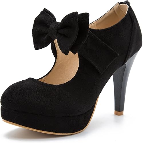 Women's Bow Heels Mary Jane High Heel Closed Toe Platform Vintage Dress Pumps